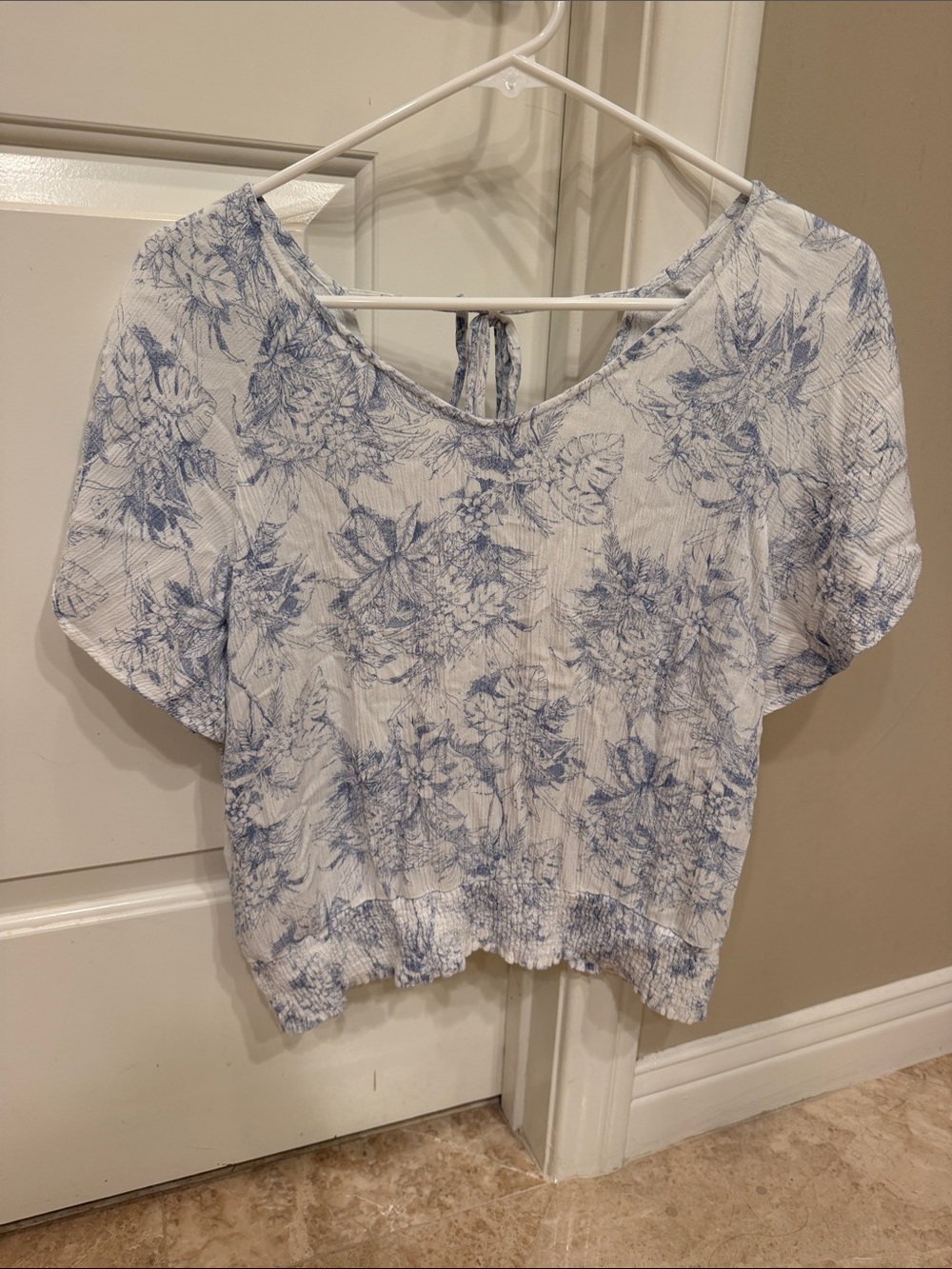 Paper Crane White Top with Blue Floral Print